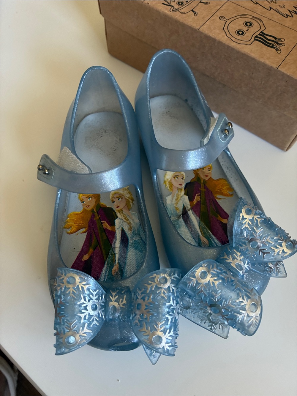 Mini Melissa Light Blue Frozen II Mary Jane Sandals with Snowflake Bows